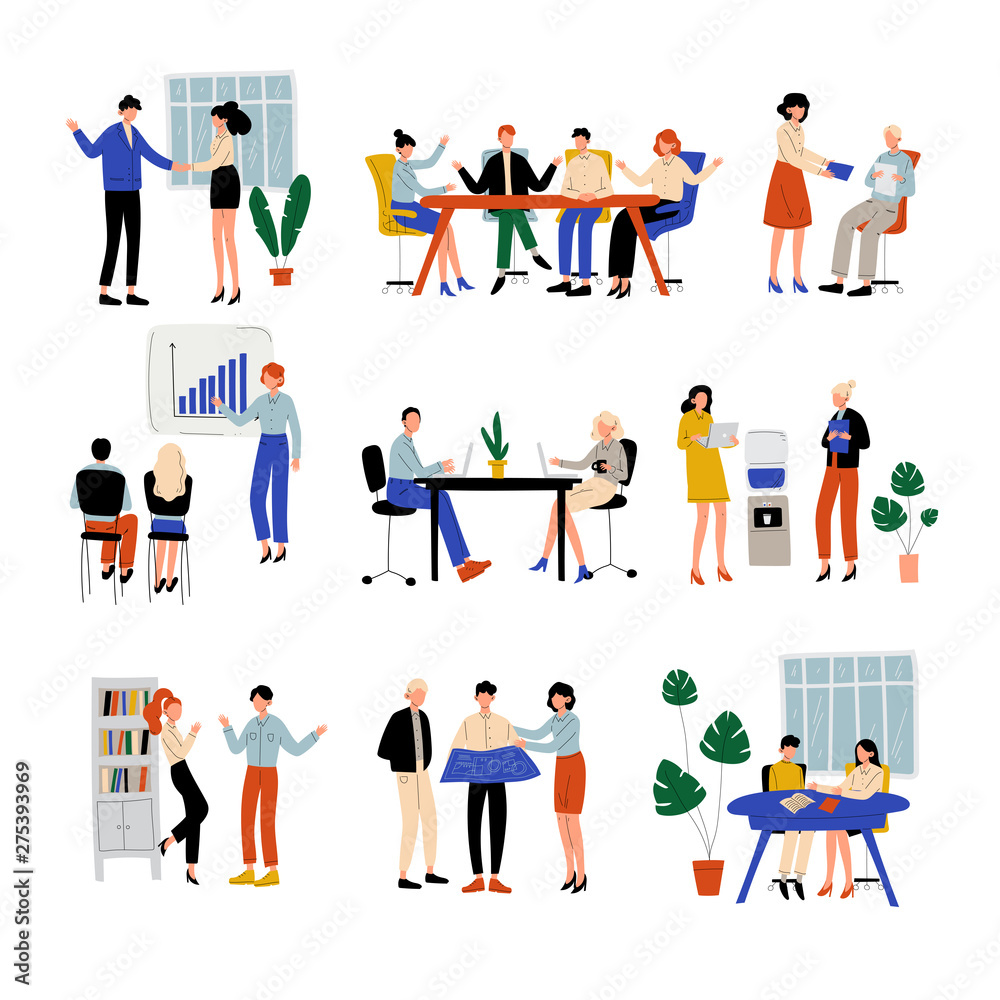 Business People Working in Office Set, Colleagues Working Together, Giving Presentation, Discussing, Communication Between Coworkers, Friendly Environment Vector Illustration
