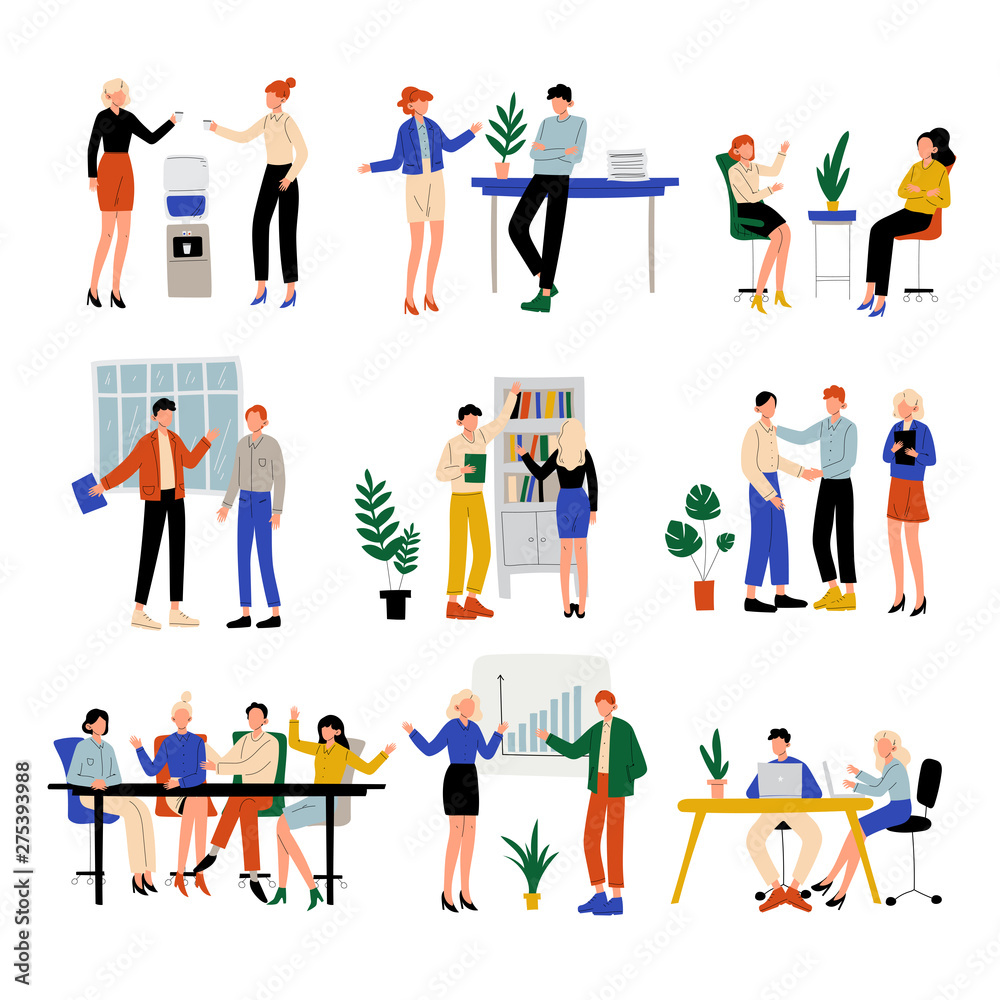 Business People Working in Office Set, Colleagues Working Together, Communication Between Coworkers, Friendly Environment, Corporate Culture Vector Illustration