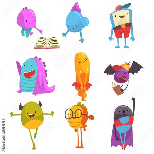 Cute Friendly Freaky Monsters Set, Funny Colorful Aliens Cartoon Characters Vector Illustration