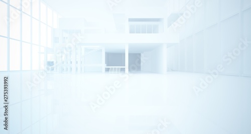 Abstract architectural white interior of a minimalist house with large windows. 3D illustration and rendering.