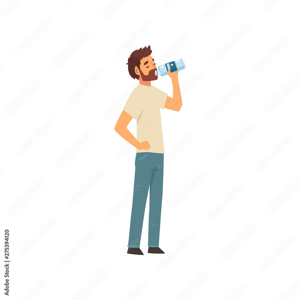Bearded Young Man Drinking Water from Plastic Bottle, Guy in Casual Clothes Enjoying Drinking of Fresh Clean Water Vector Illustration Bearded Young Man Drinking Water from Plastic Bottle, Guy in Casual Clothes Enjoying Drinking of Fresh Clean Water Vector Illustration