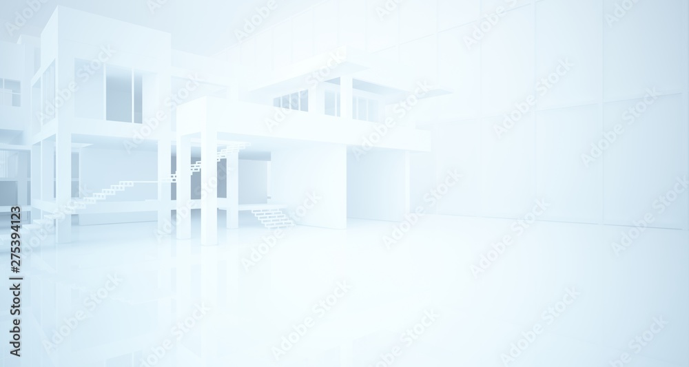 Abstract architectural white interior of a minimalist house with large windows. 3D illustration and rendering. Abstract architectural white interior of a minimalist house with large windows. 3D illustration and rendering.