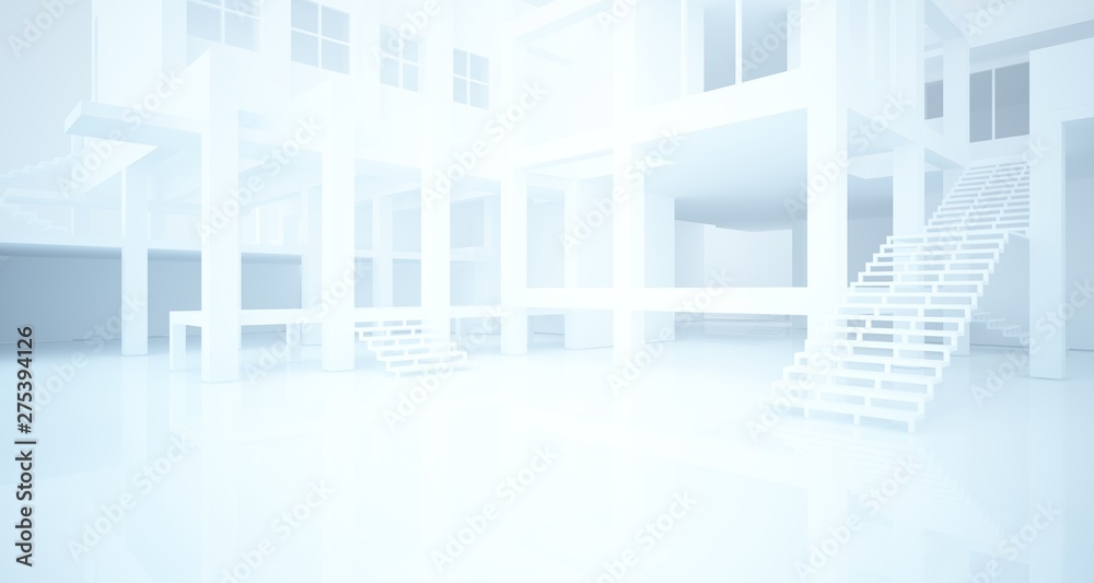Fototapeta premium Abstract architectural white interior of a minimalist house with large windows. 3D illustration and rendering.