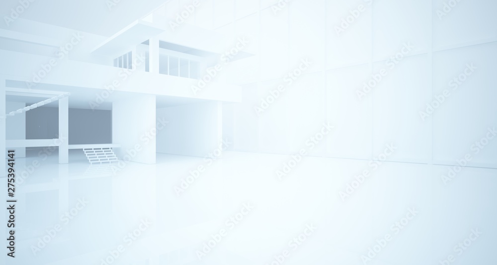Abstract architectural white interior of a minimalist house with large windows. 3D illustration and rendering.