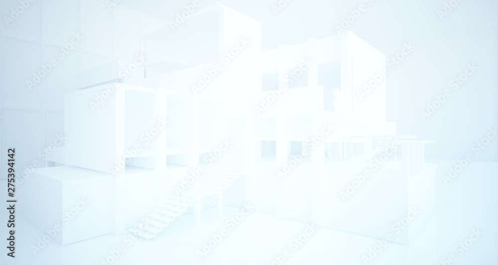 Fototapeta premium Streszczenie architektoniczne białe wnętrze minimalistycznego domu z dużymi oknami. Ilustracja i renderowanie 3D.