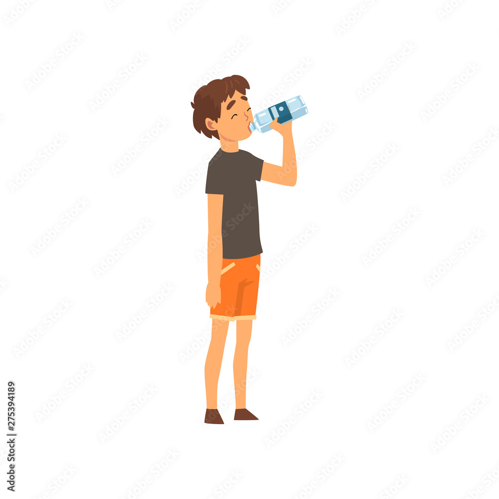 Cute Boy Drinking Water from Plastic Bottle, Kid Enjoying Drinking of Fresh Clean Water Vector Illustration Cute Boy Drinking Water from Plastic Bottle, Kid Enjoying Drinking of Fresh Clean Water Vector Illustration