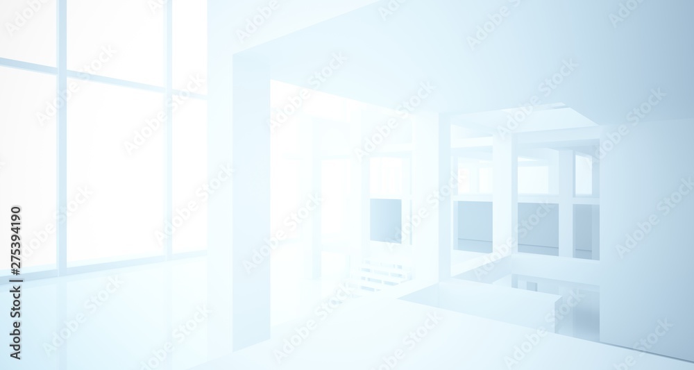 Fototapeta premium Abstract architectural white interior of a minimalist house with large windows. 3D illustration and rendering.