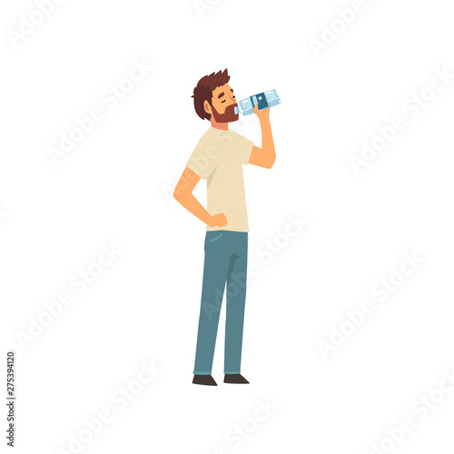 Bearded Young Man Drinking Water from Plastic Bottle, Guy in Casual Clothes Enjoying Drinking of Fresh Clean Water Vector Illustration