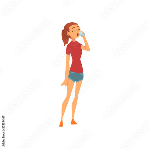 Teen Girl Drinking Fresh Clean Water from Glass Vector Illustration