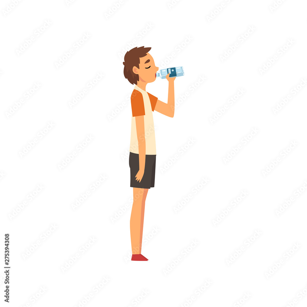 Teen Boy Drinking Water from Plastic Bottle, Kid Enjoying Drinking of Fresh Clean Water Vector Illustration Teen Boy Drinking Water from Plastic Bottle, Kid Enjoying Drinking of Fresh Clean Water Vector Illustration