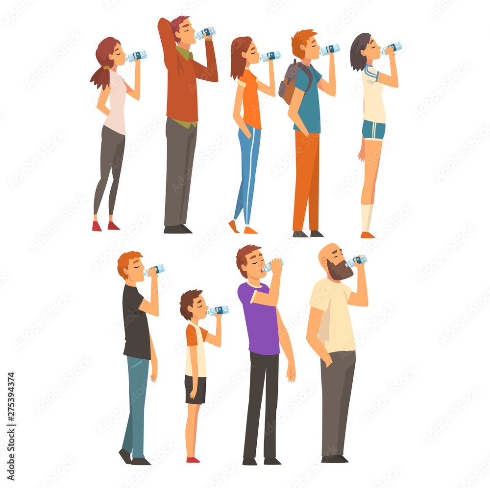 Obraz premium People Drinking Water from Plastic Bottles Set, Men, Women and Children Enjoying Drinking of Fresh Clean Water Vector Illustration