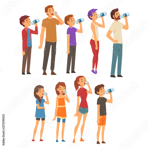 People Drinking Water from Plastic Bottles and Glasses Set, Men, Women and Children Enjoying Drinking of Fresh Clean Water Vector Illustration