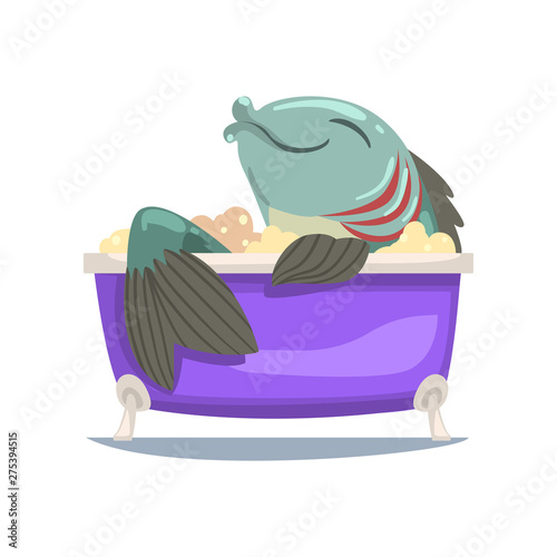 Funny Big Fish Taking Bath, Funny Cartoon Character Sea Animal Relaxing in Foamy Bathtub Vector Illustration