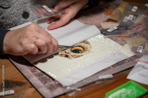Female crafting decorative mosaic using tweezers