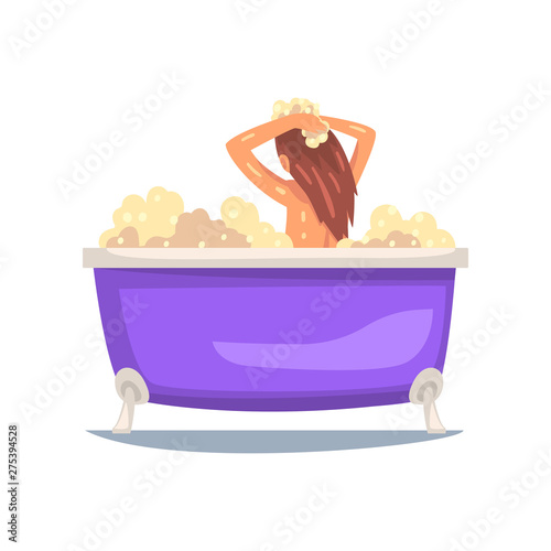 Girl Taking Bath in Bubble Bathtub and Washing Her Hair, Young Woman Taking Care of Herself Vector Illustration