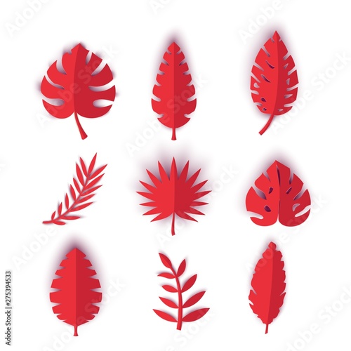 Set of red summer tropical leaves in paper cut style. Craft jungle plants collection on white background. Vector card illustration for black friday promotion design.