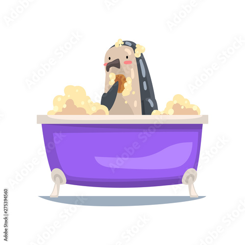 Funny Penguin Taking Bath and Washing with Washcloth, Funny Animal Cartoon Character Relaxing in Bathtub Full of Foam Vector Illustration