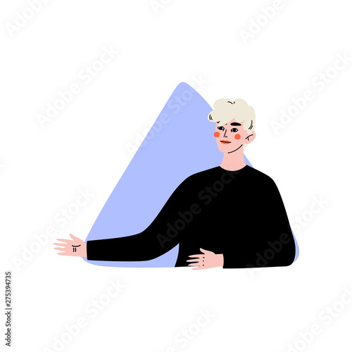 Young Man Looking Out of Triangular Window Vector Illustration