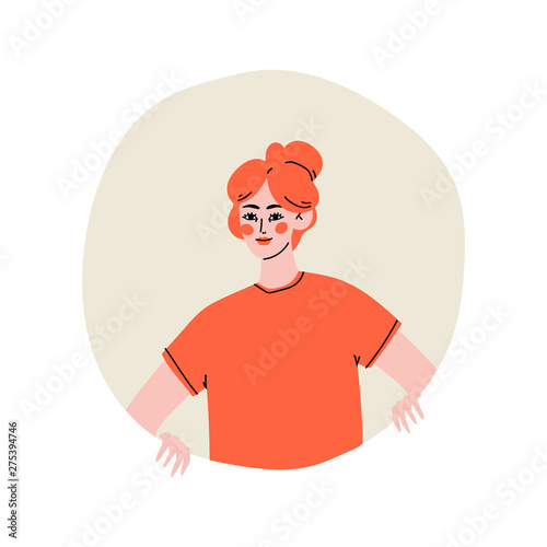 Girl with Red Hair Looking from Round Window Vector Illustration