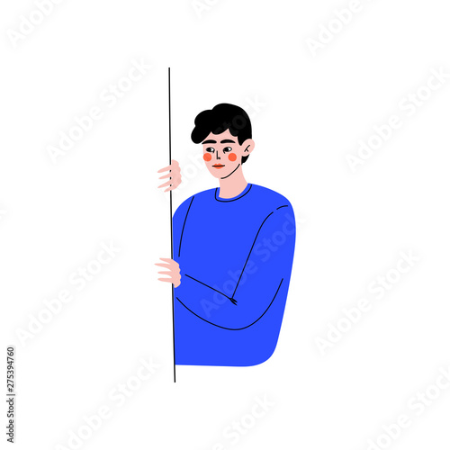 Young Man Peeping from Behind the Wall Vector Illustration