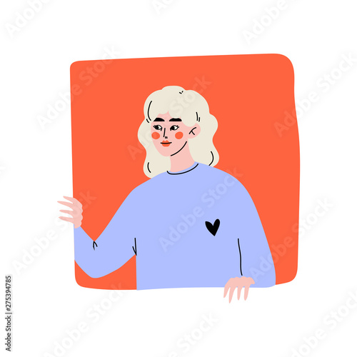 Young Blonde Woman Looking Out of Red Square Window Vector Illustration