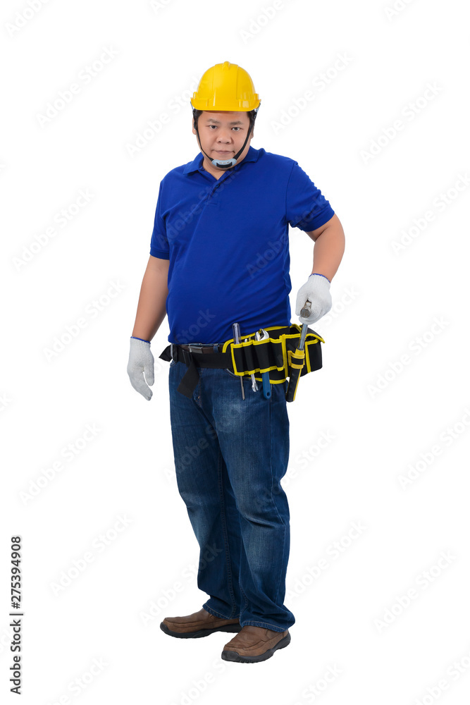 construction man workers in blue shirt with Protective gloves, helmet with tool belt hand holding hammer isolated on white construction man workers in blue shirt with Protective gloves, helmet with tool belt hand holding hammer isolated on white