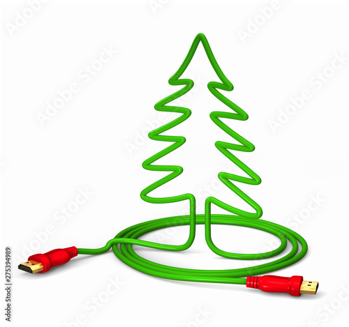 Green HDMI cable – shaping a Christmas tree - on a white background with red plugs.