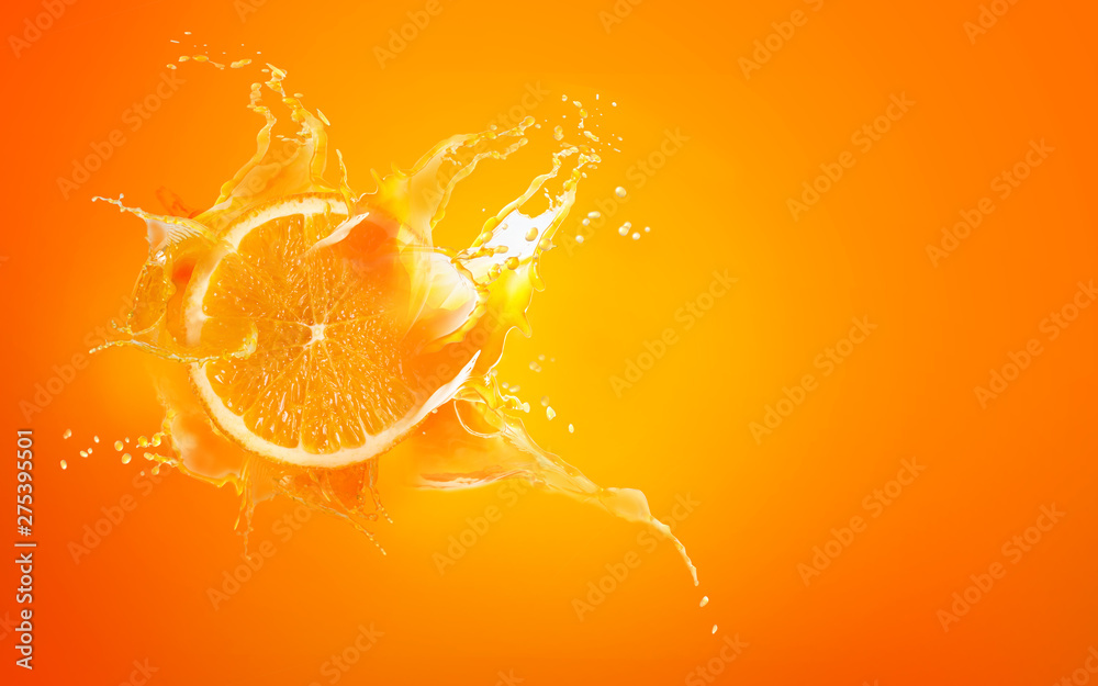 Slide cut piece of orange drop on orange background with orange juice splash water with copy space - obrazy, fototapety, plakaty 