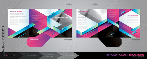 A trifold business folder template in vector format. The design for paper size a4, also has a guideline of bleed area 3 mm., crop masks and CMYK color.