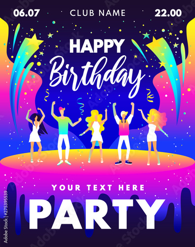 Birthday Party gradients design with dancing young people, cake, fireworks and typographic element for banners, flyer, invitation. Birthday party bright vector template in pink, blue and yellow colors