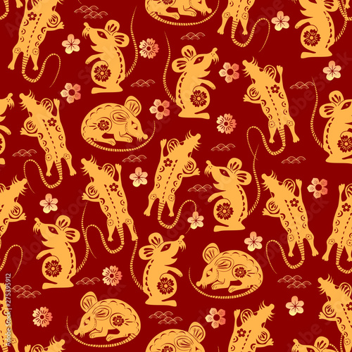 Wallpaper Mural Chinese lunar new year background. Rat - symbol 2020 New Year. Cloud, rat, sakura. Vector illustration for wrapping, poster, greeting cards, wallpaper. Torontodigital.ca