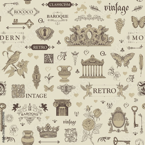 Vector seamless pattern, hand drawn background on the theme of vintage art objects, furniture and Antiques in retro style. Can be used as wallpaper, wrapping paper, textile, fabric