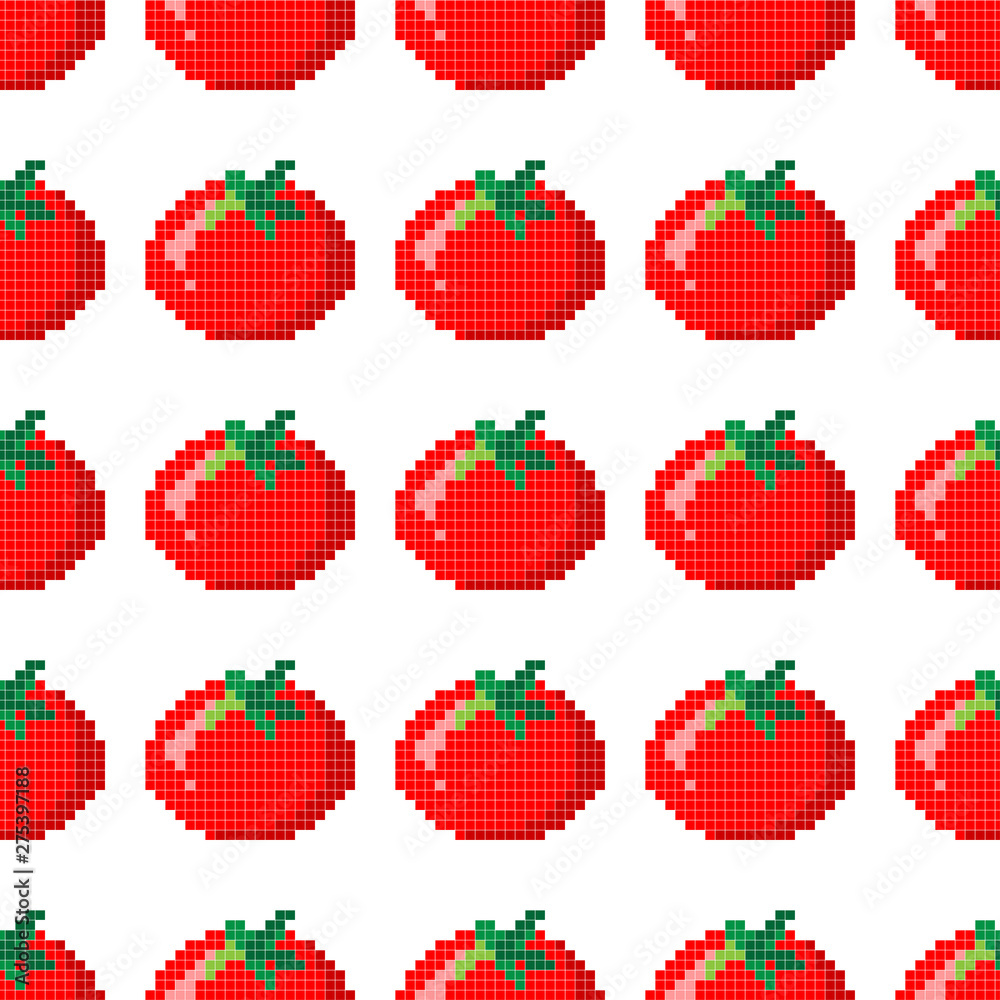 Seamless pattern with 8 bit pixel tomato on a white background. Vector illustration. Old school computer graphic style. Seamless pattern with 8 bit pixel tomato on a white background. Vector illustration. Old school computer graphic style.