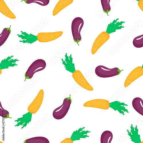 Carrot and eggplant seamless pattern. Organic vegetarian food. Used for design surfaces, fabrics, textiles, packaging paper