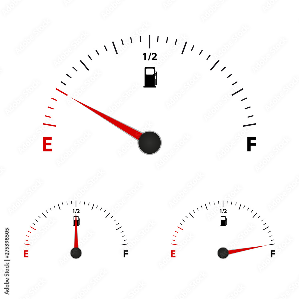 Fuel Gauge Meter Empty, Half And Full - Vector Illustration - Isolated On White Background Fuel Gauge Meter Empty, Half And Full - Vector Illustration - Isolated On White Background