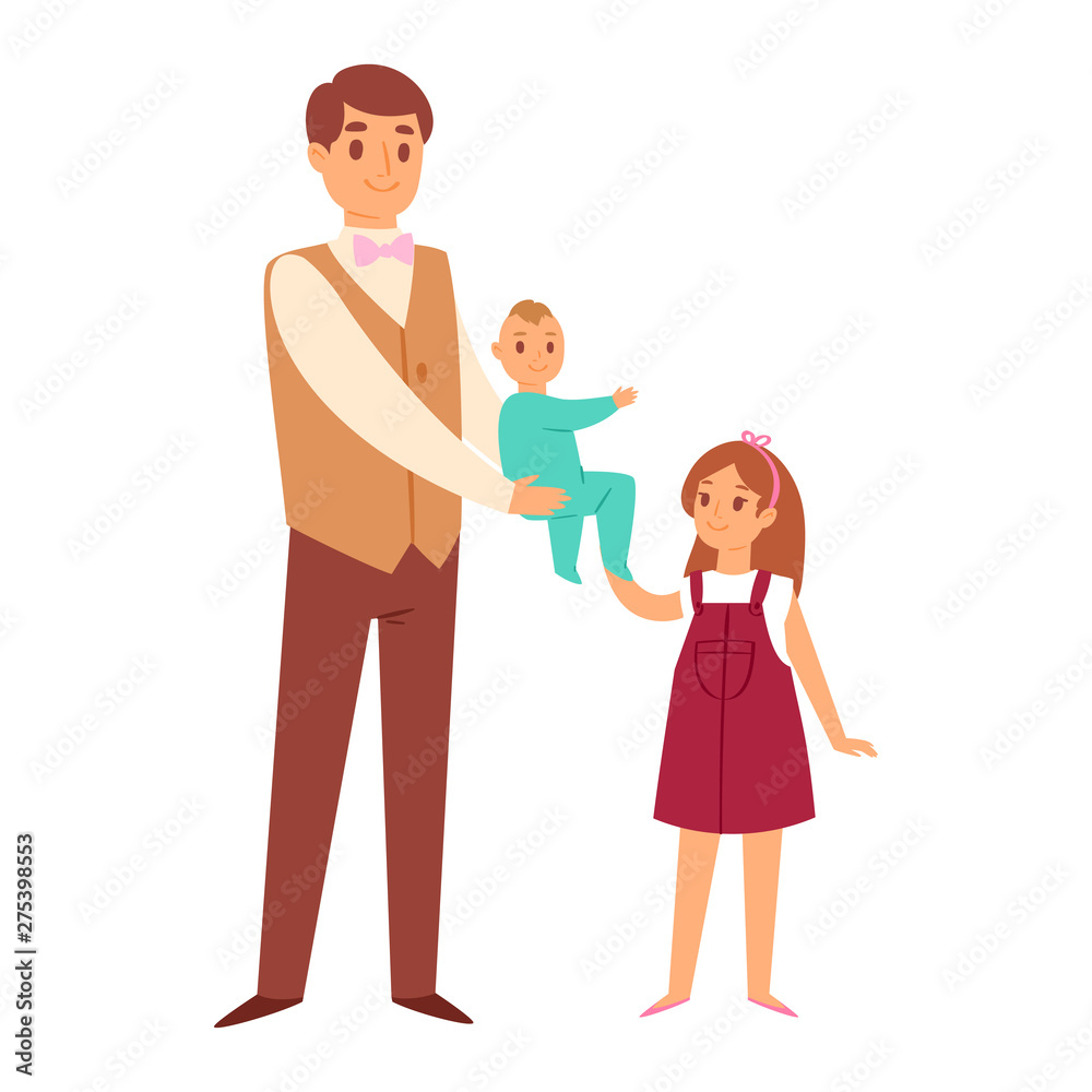 Father carrying daughter twins and sisters kids together vector character relationship. Happy parenting cartoon love concept. Young father man person playing with girls illustration. Fathers Day