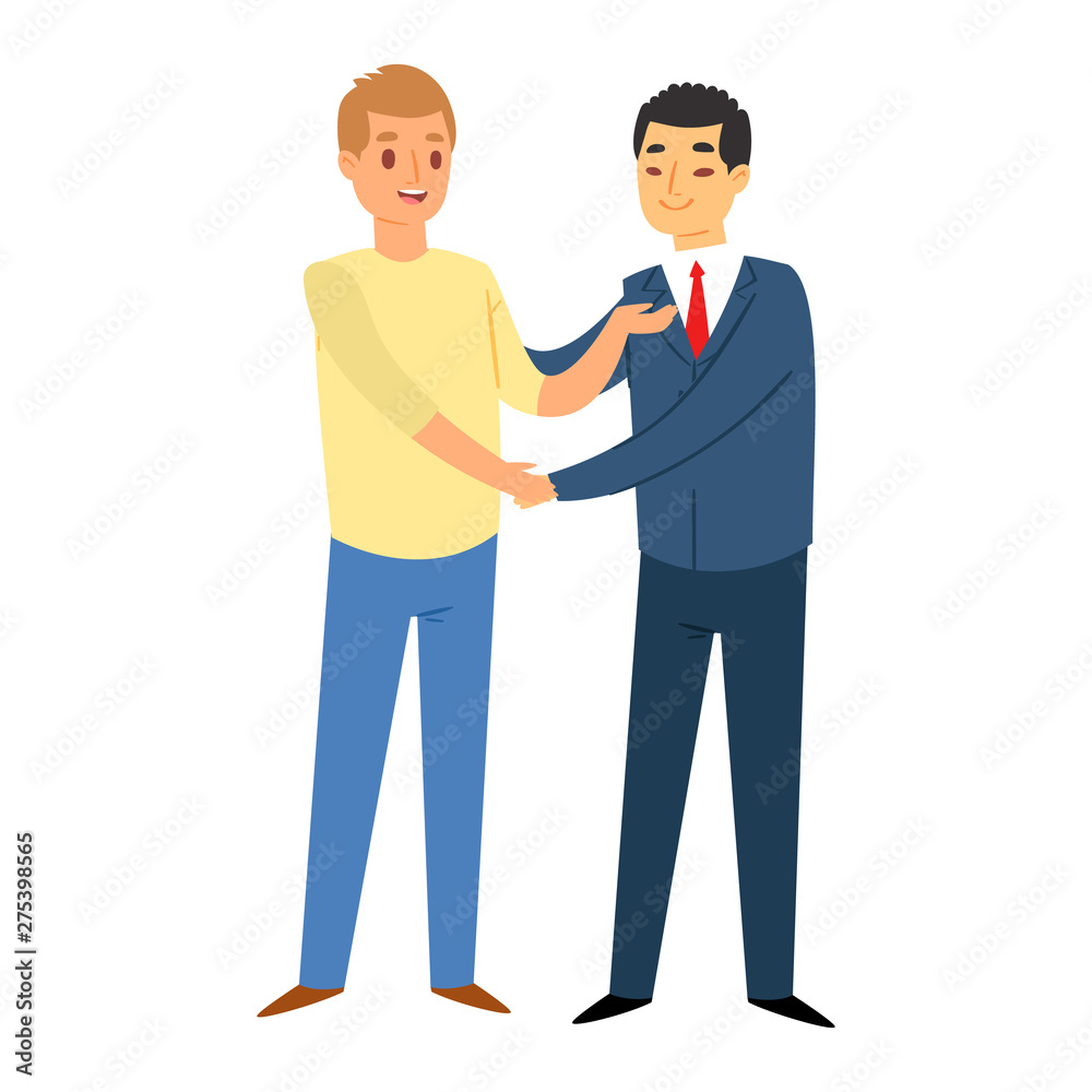 Businessman or saleman handshake meeting business partner client cartoon character vector illustration. Meeting handshake team agreement and meeting handshake corporate success contract.