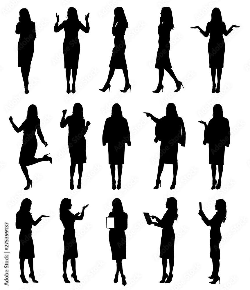Collection of business woman or teacher wearing skirt in different situations and gestures.  Easy editable vector illustration. 