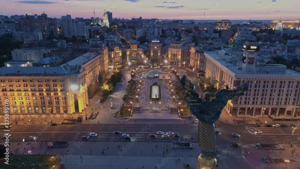 Aerial view. Independence Square. Flying above city center. Kyiv, Ukraine. 4K