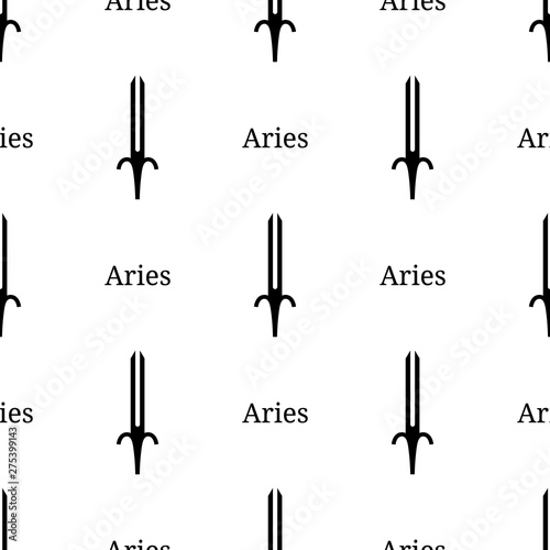Seamless pattern with aries zodiac sword sign. Black silhouette of zodiacal weapon. Astrological, horoscope sign. Vector illustration for design, web, wrapping paper, fabric, wallpaper.