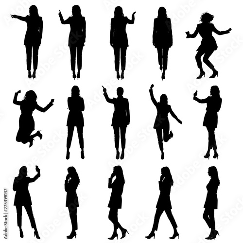 Set of business woman in suit using phone and touch screen in different situations silhouettes.  Easy editable vector illustration. 