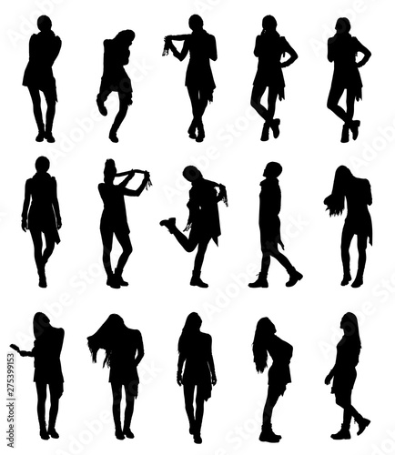 Set of various hipster stylish girl in warm winter clothes wearing scarf and cap silhouettes. Easy editable vector illustration. 