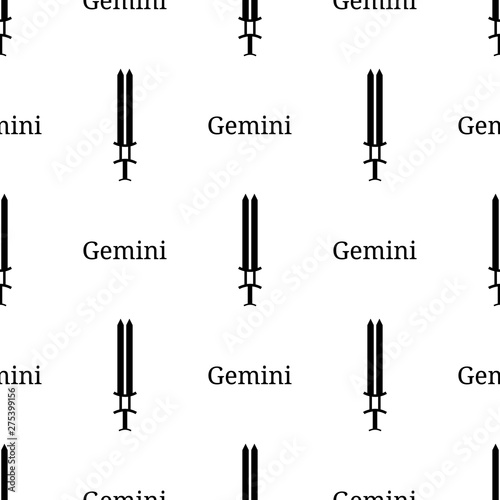 Seamless pattern with gemini zodiac sword sign. Black silhouette of zodiacal weapon. Astrological, horoscope sign. Vector illustration for design, web, wrapping paper, fabric, wallpaper. © Alody