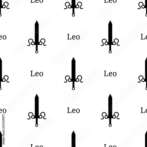 Seamless pattern with leo zodiac sword sign. Black silhouette of zodiacal weapon. Astrological, horoscope sign. Vector illustration for design, web, wrapping paper, fabric, wallpaper.