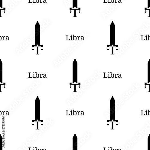 Seamless pattern with libra zodiac sword sign. Black silhouette of zodiacal weapon. Astrological, horoscope sign. Vector illustration for design, web, wrapping paper, fabric, wallpaper.