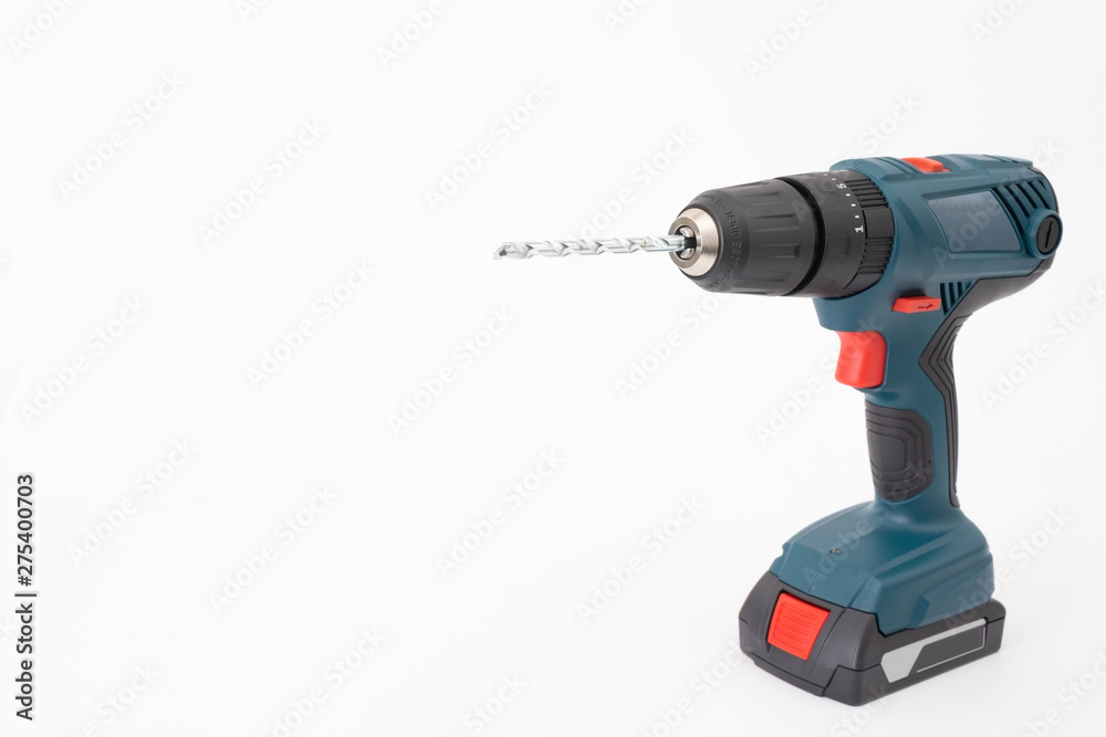Cordless drill with drill bit isolated on white background