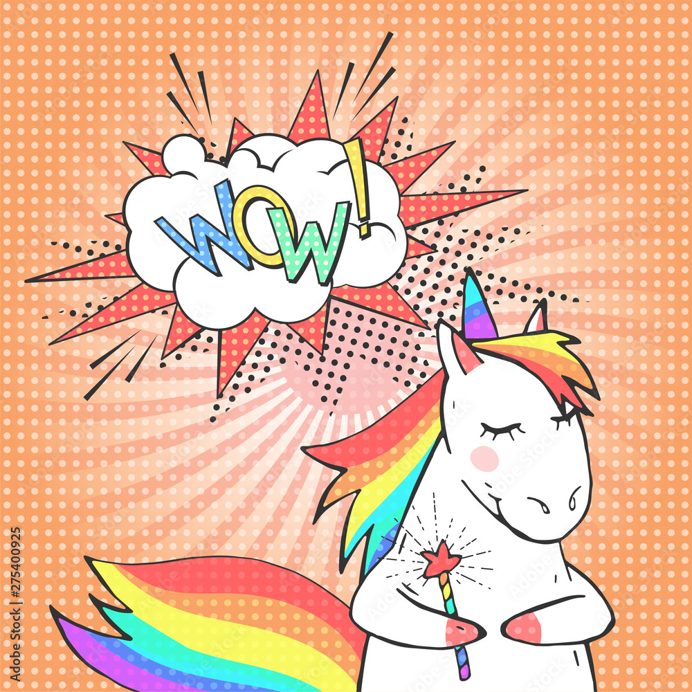 Fototapeta Cartoon unicorn and speech bubble with text WOW! Poster, greeting card or invitation in comic style.