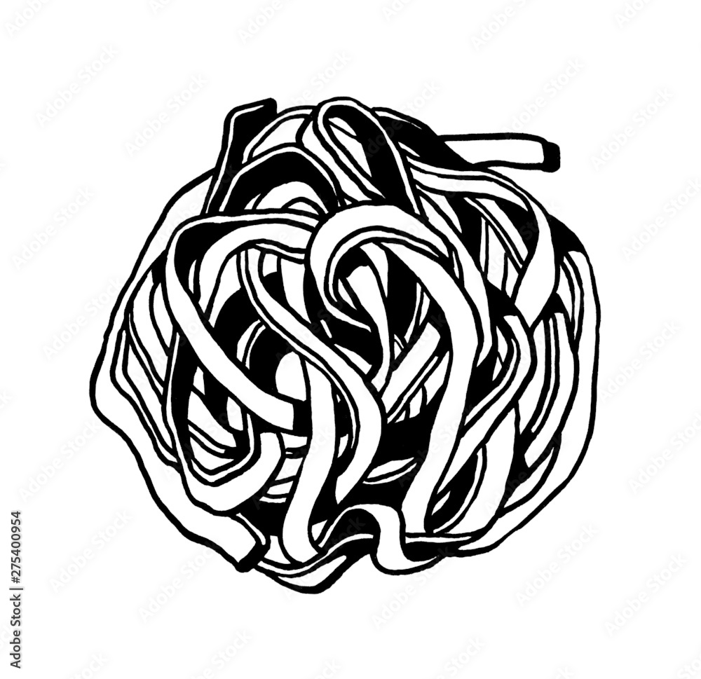 Fototapeta premium Pasta. Fettuccine, tagliatelle. Ink hand drawing. Black and white. Food, vegetables and fruit isolated on white background. Book illustration, recipe, menu, magazine or journal article.