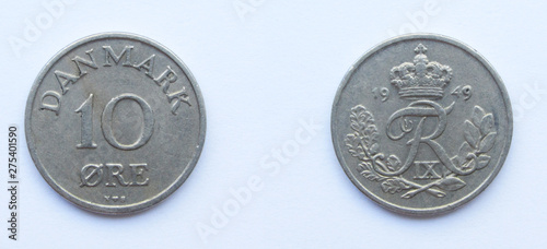 Danish 10 Ore 1949 year copper-nickel coin, Denmark. Coin shows a monogram of Danish King Frederick IX of Denmark. photo