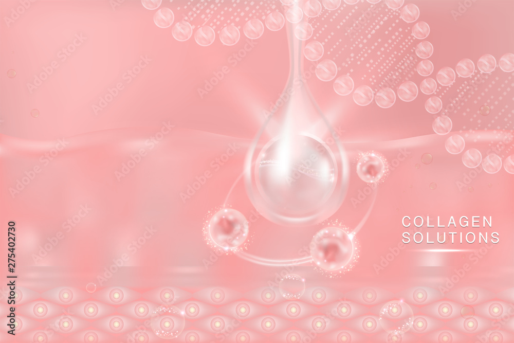 Hyaluronic acid skin solutions ad, pink collagen serum drop with cosmetic advertising background ready to use, illustration vector. Hyaluronic acid skin solutions ad, pink collagen serum drop with cosmetic advertising background ready to use, illustration vector.